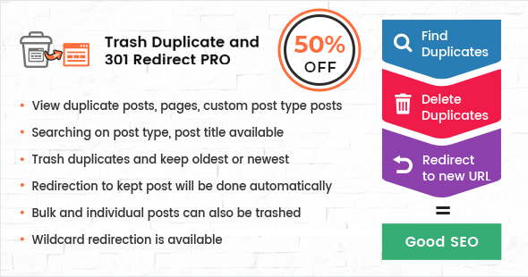 Trash Duplicate and 301 Redirect PRO for WordPress