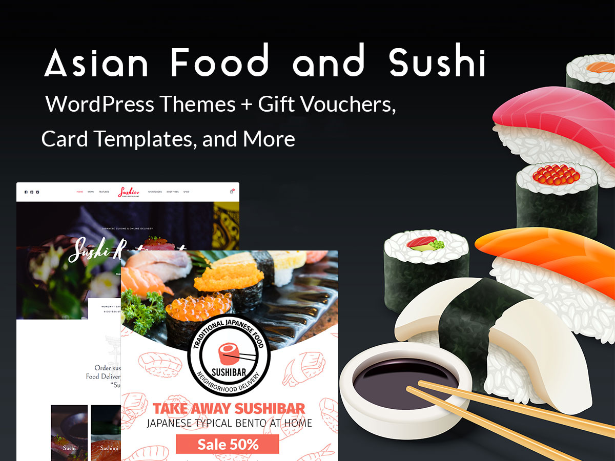 Asian Food and Sushi WordPress Themes Gift Vouchers Card Templates and More