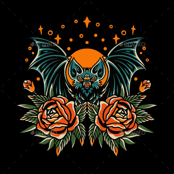 Bat And Flowers Retro Illustration